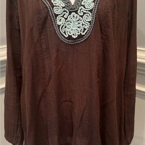 Free People Oversized V-Neck Tunic Beaded XS Boho Hippie Peasant Brown